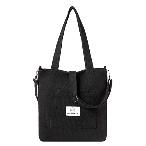 Makukke Umhängetasche Damen - Cord Schultertasche Damen Handtasche, Shopper Damen Henkeltasche für Büro Schule Einkauf Reise (Schwarz) von Makukke