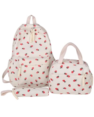Makukke Schulrucksack Mädchen - Kawaii Erdbeere 3-in-1 Schulranzen für Mädche 1. - 5. Klasse, Lässiger Schulranzen Kinder mit Süßem Anhänger für Grundschule Mittelschule von Makukke