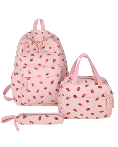 Makukke Schulrucksack Mädchen - Kawaii Erdbeere 3-in-1 Schulranzen für Mädche 1. - 5. Klasse, Lässiger Schulranzen Kinder mit Süßem Anhänger für Grundschule Mittelschule von Makukke