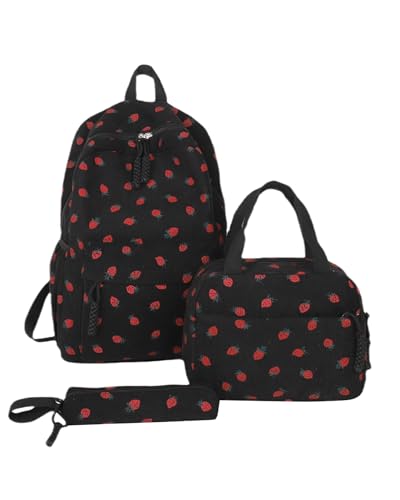 Makukke Schulrucksack Mädchen - Kawaii Erdbeere 3-in-1 Schulranzen für Mädche 1. - 5. Klasse, Lässiger Schulranzen Kinder mit Süßem Anhänger für Grundschule Mittelschule von Makukke
