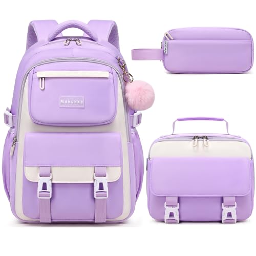 Makukke Schulrucksack Mädchen Teenager Rucksack Schule Schulranzen-Set, Schultasche Jungen Multi-Tasche Wasserdicht Schulranzen School Bag für Mädchen Damen,30L Lila Rucksack von Makukke