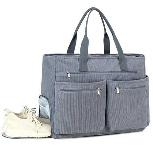 Makukke Strandtasche XXL, Cord Weekender Damen mit Schuhfach, Groß Faltbar Badetasche mit Reißverschluss für Urlaub Reisen Fitnessstudio Picknick (Grau) von Makukke