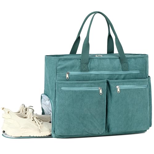 Makukke Strandtasche XXL, Cord Weekender Damen mit Schuhfach, Groß Faltbar Badetasche mit Reißverschluss für Urlaub Reisen Fitnessstudio Picknick (Grün) von Makukke