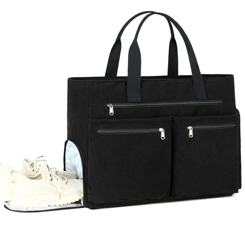 Makukke Strandtasche XXL, Cord Weekender Damen mit Schuhfach, Groß Faltbar Badetasche mit Reißverschluss für Urlaub Reisen Fitnessstudio Picknick (Schwarz) von Makukke