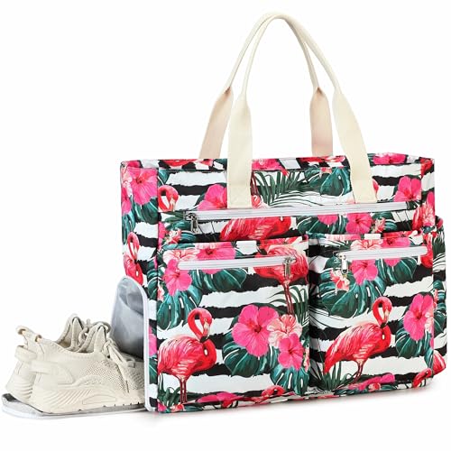 Makukke Strandtasche XXL, Groß Strandtasche mit Schuhfach Wasserdicht Sanddicht, Weekender Damen Faltbar Ultraleicht Badetasche mit Reißverschluss für Urlaub Reisen Fitnessstudio Picknick (Flamingos) von Makukke