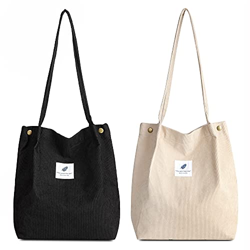 Makukke Umhängetasche Damen - 2pcs Cord Tasche Damen Schultertasche Shopper Damen henkeltasche für Alltag, Büro, Schulausflug und Einkauf (Schwarz +Beige) von Makukke