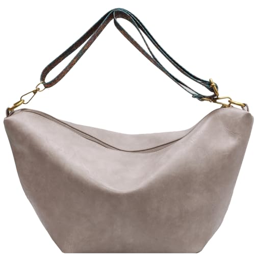 Makukke Umhängetasche Damen Gross PU-Leder Crossbody Bag mit Hobo Breiter Gurt Vintage Schultertasche Beuteltasche für Büro Arbeit Reisen Ausflug Einkauf,Beige Tasche von Makukke