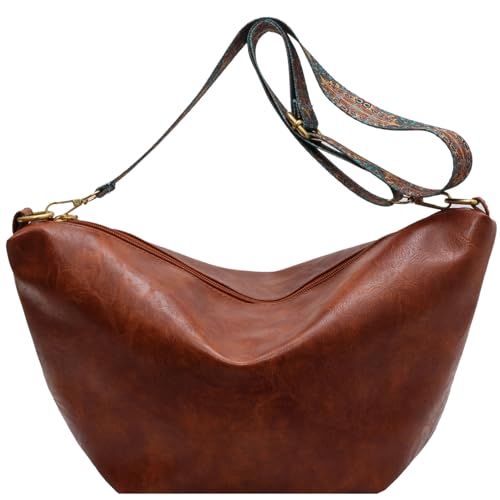 Makukke Umhängetasche Damen Gross PU-Leder Crossbody Bag mit Hobo Breiter Gurt Vintage Schultertasche Beuteltasche für Büro Arbeit Reisen Ausflug Einkauf,Braun Tasche von Makukke