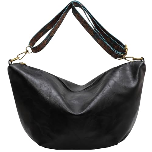 Makukke Umhängetasche Damen Gross PU-Leder Crossbody Bag mit Hobo Breiter Gurt Vintage Schultertasche Beuteltasche für Büro Arbeit Reisen Ausflug Einkauf,Schwarz Tasche von Makukke