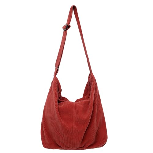 Makukke Umhängetasche Damen Handtasche, Cord Taschen Groß Shopper Tote Bag Schultertasche Casual Crossbody Bag für Schule Büro Arbeit Reisen Ausflug Einkauf,Rot Tasche von Makukke