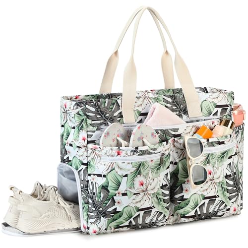 Strandtasche XXL, Groß Strandtasche mit Schuhfach Wasserdicht Sanddicht, Weekender Damen Faltbar Ultraleicht Badetasche mit Reißverschluss für Urlaub Reisen Fitnessstudio Picknick (Weiße Blume) von Makukke