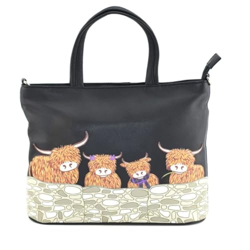 Bella Highland Cow Family Multiway Grab Bag - Echtes weiches Leder Handtasche mit abnehmbarem Schultergurt - Highland Cow Applikation - 29,5 x 23 x 8 cm - Grau, Schwarz oder Blaugrün, Schwarz , 29.5 x von Mala Leather