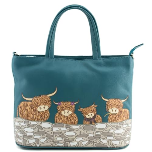 Bella Highland Cow Family Multiway Grab Bag - Echtes weiches Leder Handtasche mit abnehmbarem Schultergurt - Highland Cow Applikation - 29,5 x 23 x 8 cm - Grau, Schwarz oder Blaugrün, blaugrün, 29.5 x von Mala Leather