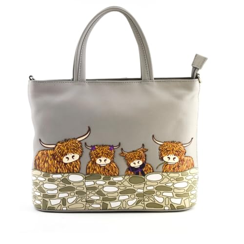Bella Highland Cow Family Multiway Grab Bag - Echtes weiches Leder Handtasche mit abnehmbarem Schultergurt - Highland Cow Applikation - 29,5 x 23 x 8 cm - Grau, Schwarz oder Blaugrün, grau, 29.5 x 23 von Mala Leather