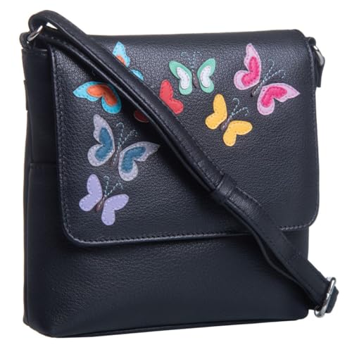 Juno Flap Butterflies Crossbody Bag - Echtes Leder Kompakte Reisehandtasche - Verstellbarer Riemen mit Kartenfächern - Schwarz oder Lila - 17 x 16 x 3,5 cm, Schwarz , 17 x 16 Centimeters von Mala Leather