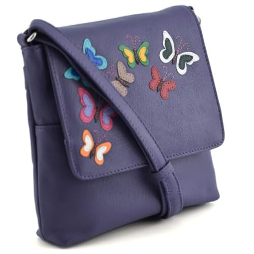 Juno Flap Butterflies Crossbody Bag - Echtes Leder Kompakte Reisehandtasche - Verstellbarer Riemen mit Kartenfächern - Schwarz oder Lila - 17 x 16 x 3,5 cm, violett, 17 x 16 Centimeters von Mala Leather