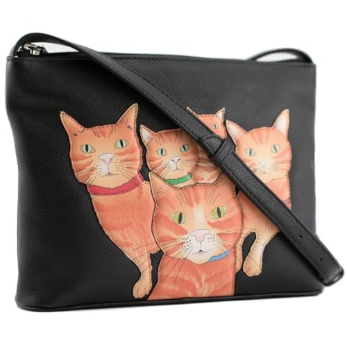 Kitty Crew Kleine Umhängetasche mit Ingwer Cat Applikation - Handgefertigtes Echtleder - Verstellbarer Gurt, Reißverschlusstaschen, Staubbeutel - 23 x 17 x 5 cm von Mala Leather