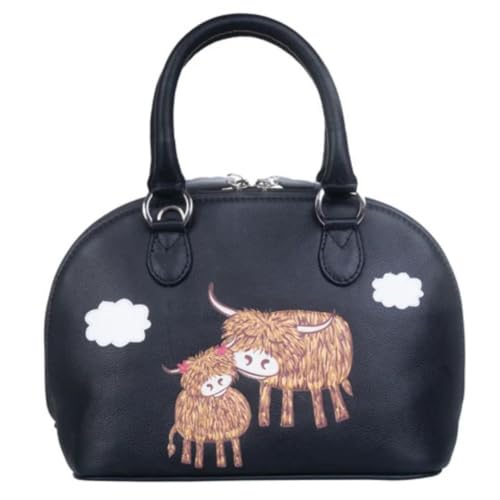 Mala Leather Bella Highland Cow Zip Round Grab Bag - Medium Leder Handtasche Applikation - Abnehmbarer Schultergurt & Staubbeutel - 28 x 19 x 10 cm, Schwarz , 28 x 19 x 10 Centimeters von Mala Leather