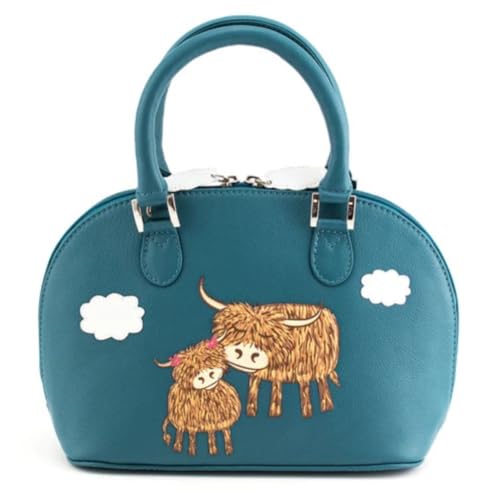 Mala Leather Bella Highland Cow Zip Round Grab Bag - Medium Leder Handtasche Applikation - Abnehmbarer Schultergurt & Staubbeutel - 28 x 19 x 10 cm, blaugrün, 28 x 19 x 10 Centimeters von Mala Leather