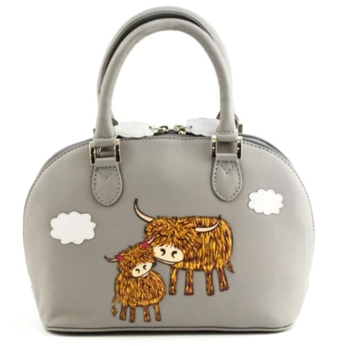 Mala Leather Bella Highland Cow Zip Round Grab Bag - Medium Leder Handtasche Applikation - Abnehmbarer Schultergurt & Staubbeutel - 28 x 19 x 10 cm, grau, 28 x 19 x 10 Centimeters von Mala Leather
