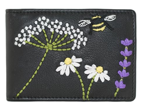 Mala Leather Blossom Bee and Daisy Embroidered Card / ID Holder RFID Protected, Schwarz , Einheitsgröße, Karten- und Ausweishülle von Mala Leather