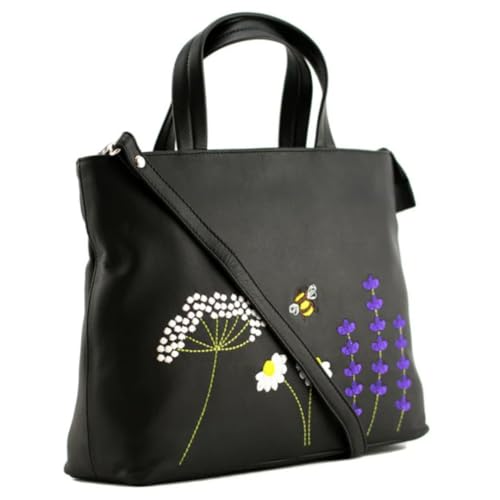 Mala Leather Blossom Floral & Bee Multiway Grab Bag - Echtes Leder - Abnehmbarer Schultergurt, Externe Handytasche - Schwarz/Grau - 30 x 23 x 9 cm, Schwarz , 30 x 23 x 9 Centimeters von Mala Leather