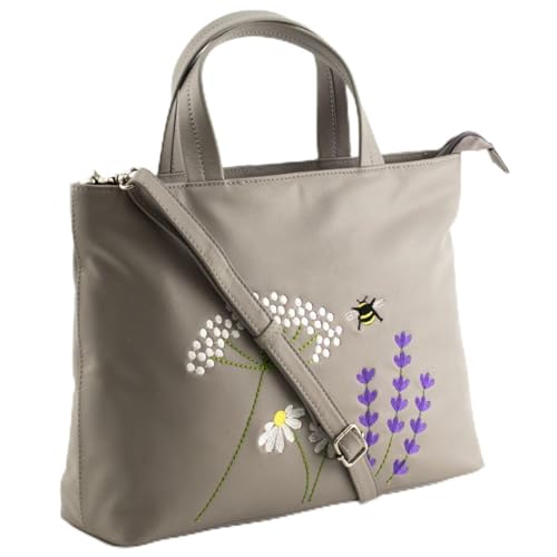 Mala Leather Blossom Floral & Bee Multiway Grab Bag - Echtes Leder - Abnehmbarer Schultergurt, Externe Handytasche - Schwarz/Grau - 30 x 23 x 9 cm, grau, 30 x 23 x 9 Centimeters von Mala Leather
