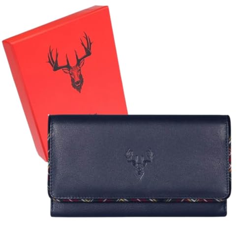 Mala Leather Braemar Matinee-Geldbörse mit Hirschklappe, RFID-geschützt, weiches Echtleder, in Geschenkverpackung, Schottenkaro-Rand, ländlich inspiriertes Design, Marineblau oder Schwarz, 19 × 10 × von Mala Leather
