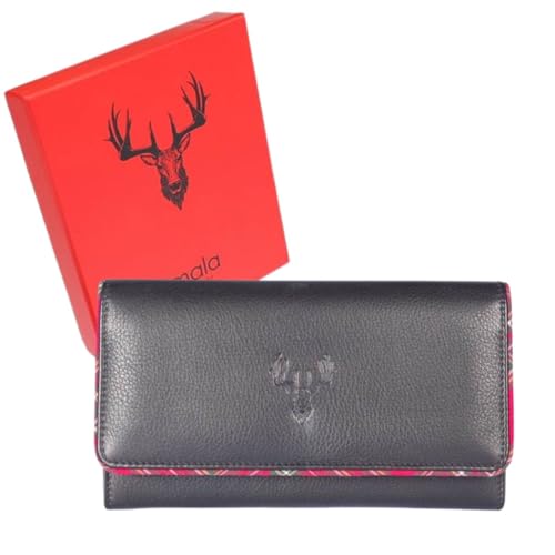 Mala Leather Braemar Matinee-Geldbörse mit Hirschklappe, RFID-geschützt, weiches Echtleder, in Geschenkverpackung, Schottenkaro-Rand, ländlich inspiriertes Design, Marineblau oder Schwarz, 19 × 10 × von Mala Leather