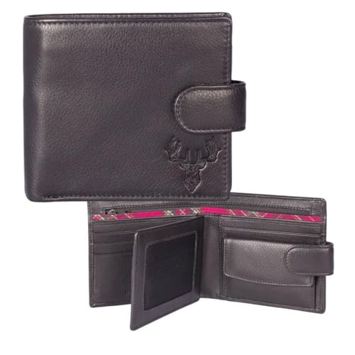 Mala Leather Braemar Tab Hirsch Schottenkaro Geldbörse mit Münzfach & RFID Schutz Echtleder - 8 Kartenfächer, Ausweisfenster, Geschenkbox - Schwarz oder Navy - 10 × 11 × 3 cm, Schwarz , Einheitsgröße von Mala Leather
