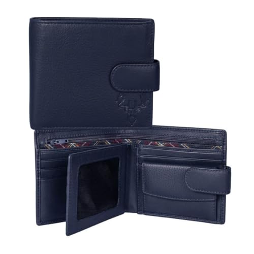 Mala Leather Braemar Tab Hirsch Schottenkaro Geldbörse mit Münzfach & RFID Schutz Echtleder - 8 Kartenfächer, Ausweisfenster, Geschenkbox - Schwarz oder Navy - 10 × 11 × 3 cm, navy, Einheitsgröße von Mala Leather