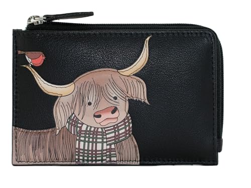 Mala Leather Callum Highland Cow & Robin RFID Leder Münz- und Kartengeldbörse, Schwarz , S, Zeitgenössisch von Mala Leather