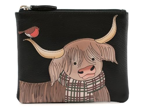 Mala Leather Callum Highland Cow & Robin RFID Leder Münz- und Kartengeldbörse, Schwarz , S, Zeitgenössisch von Mala Leather