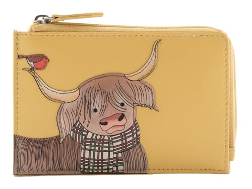 Mala Leather Callum Highland Cow & Robin RFID Leder Münz- und Kartengeldbörse, gelb, S, Zeitgenössisch von Mala Leather