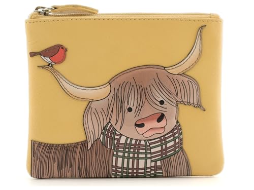 Mala Leather Callum Highland Cow & Robin RFID Leder Münz- und Kartengeldbörse, gelb, S, Zeitgenössisch von Mala Leather