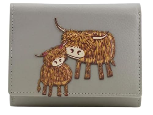 Mala Leather Highland Cow Mother & Daughter Trifold RFID Geldbörse Damen Klein Weiches Leder, grau, S, Hochlandkuh von Mala Leather