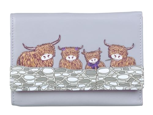 Mala Leather Highland Cow Family Large Trifold Soft Leather Purse, grau, L, Zeitgenössisch von Mala Leather