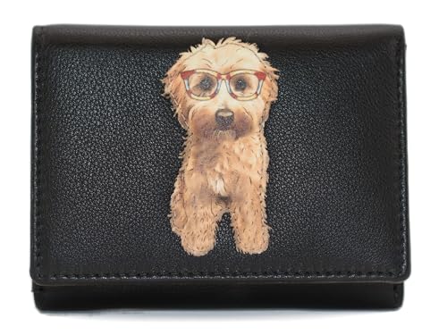 Mala Leather Maltipoo Cavapoo 'Cocos Glasses' Hunde-Geldbörse, weiches Leder, mittelgroß, kompakt, dreifach gefaltet, RFID-Geldbörse, Schwarz , M, Modern von Mala Leather