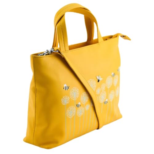 Mala Leather Moonflower Bee & Flowers Multiway Grab Bag Echtes Leder Handtasche mit abnehmbarem Riemen - Crossbody, Schulter & Tragegriff oben - 30 × 22,5 × 9 cm, gelb, 27 X 20 X 5 Centimeters von Mala Leather