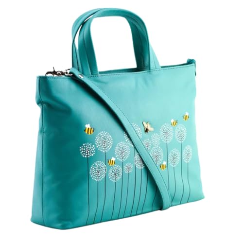 Mala Leather Moonflower Bee & Flowers Multiway Grab Bag Echtes Leder Handtasche mit abnehmbarem Riemen - Crossbody, Schulter & Tragegriff oben - 30 × 22,5 × 9 cm, türkis, 27 X 20 X 5 Centimeters von Mala Leather