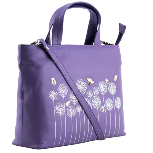 Mala Leather Moonflower Bee & Flowers Multiway Grab Bag Echtes Leder Handtasche mit abnehmbarem Riemen - Crossbody, Schulter & Tragegriff oben - 30 × 22,5 × 9 cm, violett, 27 X 20 X 5 Centimeters von Mala Leather