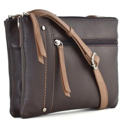 Mala Leather Orta Double Pocket Crossbody Bag - Classic Two-Tone Damen Leder Crossbody - Verstellbarer Riemen 28 x 18 x 6 cm - Geschenk Staubbeutel, braun, 28 x 16 x 6 Centimeters von Mala Leather