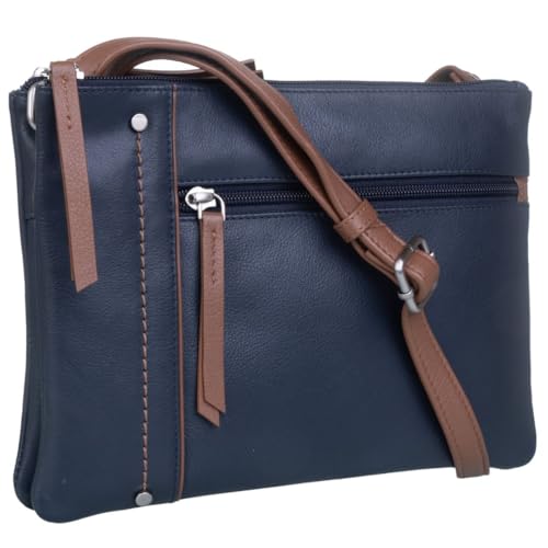 Mala Leather Orta Double Pocket Crossbody Bag - Classic Two-Tone Damen Leder Crossbody - Verstellbarer Riemen 28 x 18 x 6 cm - Geschenk Staubbeutel, navy, 28 x 16 x 6 Centimeters von Mala Leather