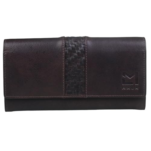 Mala Leather Oxford Matinee Geldbörse - Echtes braunes Leder mit gewebter Blende - RFID-geschützte Überschlagbörse mit 12 Kartenfächern, Münz- und Quittungsfächern - 19 x 9,5 x 3 cm von Mala Leather
