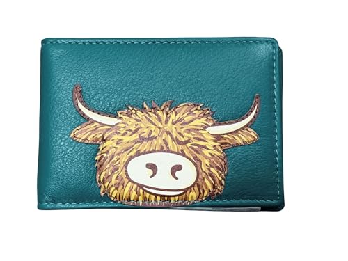 Mala Leather RFID-geschütztes Kreditkartenetui für Ausweise, Highland Cow, blaugrün, S, Zeitgenössisch von Mala Leather