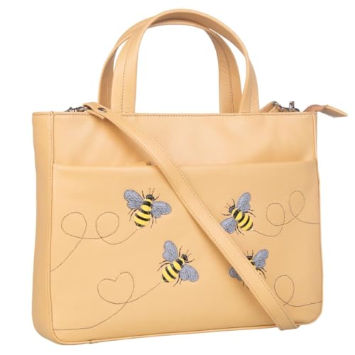 Mala Leather SURI BEE MEHRWEG GRIFF BAG - Echtes Leder Handtasche mit abnehmbarem Crossbody-Gurt, 2 Außentaschen mit Reißverschluss, Organizer innen & Staubbeutel - 30 x 20 x 6 cm, gelb, 29.5 x 23 x 8 von Mala Leather