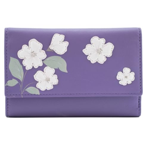 Mala Leather Sakura Floral Große Tri-Fold Geldbörse - Echtes Leder - Japanisches Blumen Design - 9 Kartenfächer, Ausweisfenster, Münzfach mit Reißverschluss - Grau, Lila, Marineblau - 14,5 x 9,5 x 3 von Mala Leather