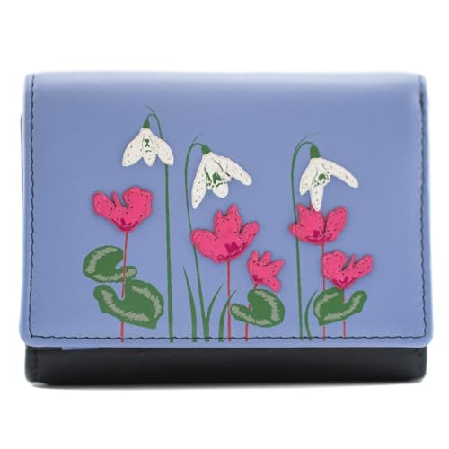 Mala Leather Snowdrop Floral RFID Small Trifold Geldbörse, Marineblau mit rosa Blumen, 11 x 8 x 3 cm, mehrfarbig, 11 x 8 Centimeters, Blumenmuster von Mala Leather