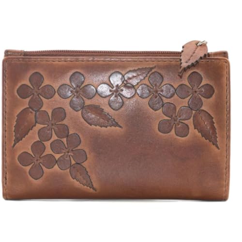 Mala Leather Wild Bloom Classic Floral Tan Leather Compact Purse RFID Protection - Echtes Leder - 5 Kartenfächer, Ausweisfenster, Geldscheine & Münzfächer - 11 x 8,5 x 3 cm, hautfarben, 11 X 8.5 von Mala Leather