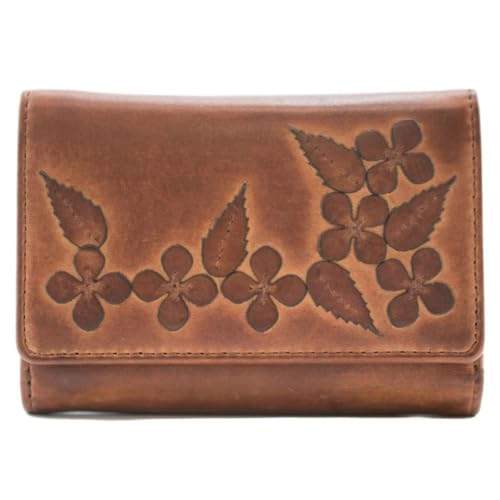Mala Leather Wild Bloom Classic Floral Tan Leather Tri-Fold Purse RFID Protection - Echtes Leder - 6 Kartenfächer, Ausweisfenster, Geldscheine & Reißverschluss Münzfächer - 12,5 × 9 × 3 cm, hautfarben von Mala Leather